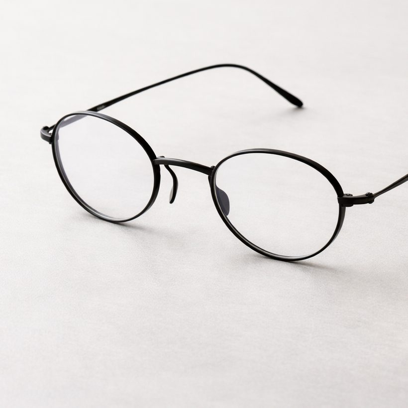 Titanium Classic key visual: round black titanium eyeglasses resting on a light surface